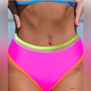 Popvil swimsuit pink bottoms with mesh, orange and green women’s size large